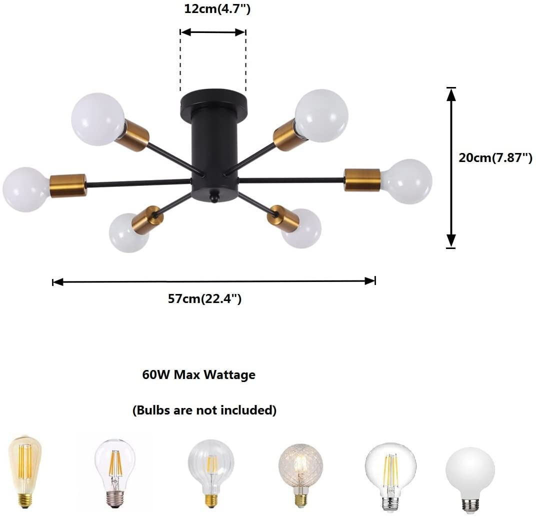 Garwarm Mid Century Sputnik Chandelier, Modern Ceiling Light Fixture Industrial Semi Flush Mount Pendant Lighting for Kitchen Dining Room Bedroom Living Room Foyer (6-Lights, E26 Base)