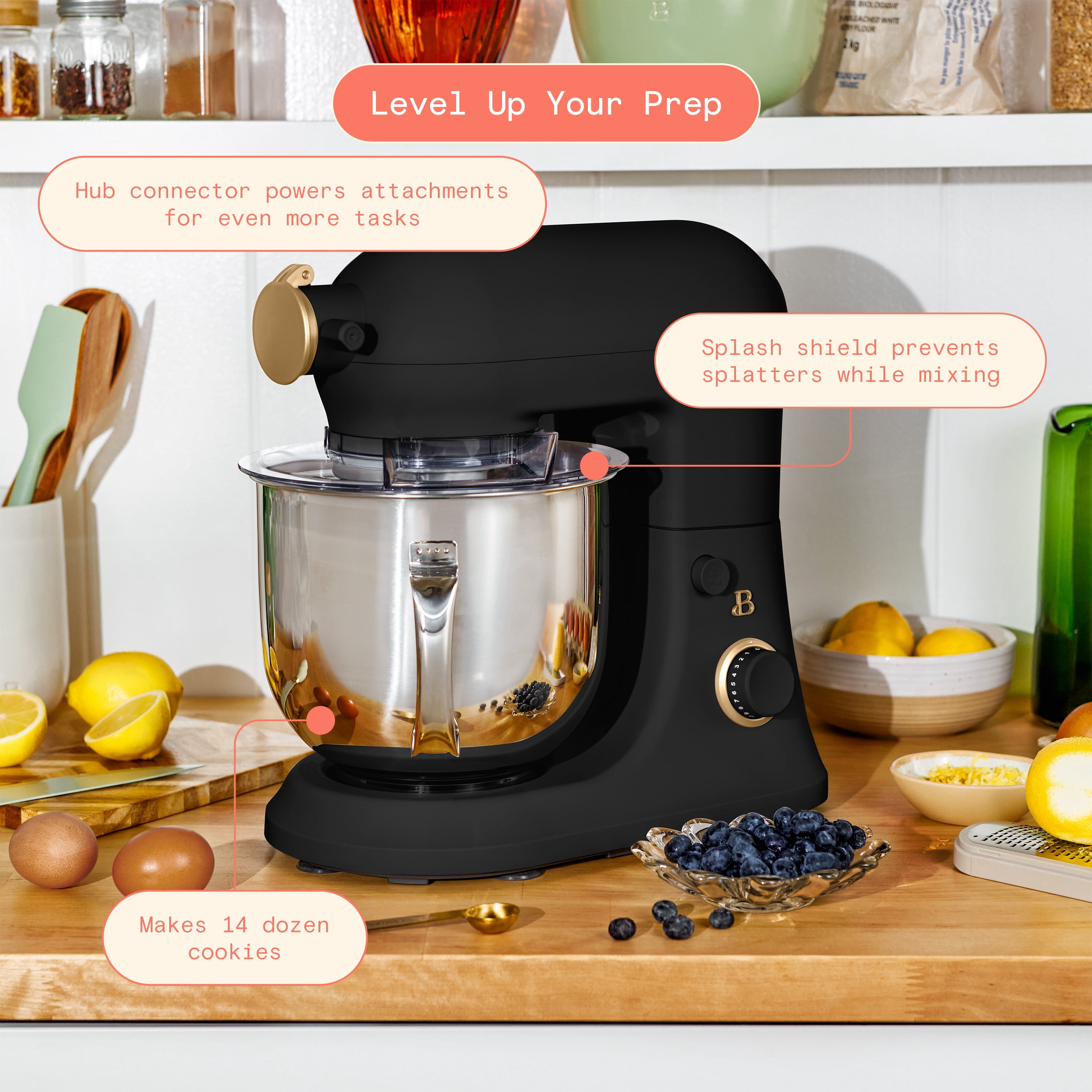 Beautiful 6 Qt Tilt-Head Stand Mixer with Dough Hook, Flat Beater, Balloon Whisk, Pastry Beater & Slicer/Shredder Set, Black Sesame by Drew Barrymore