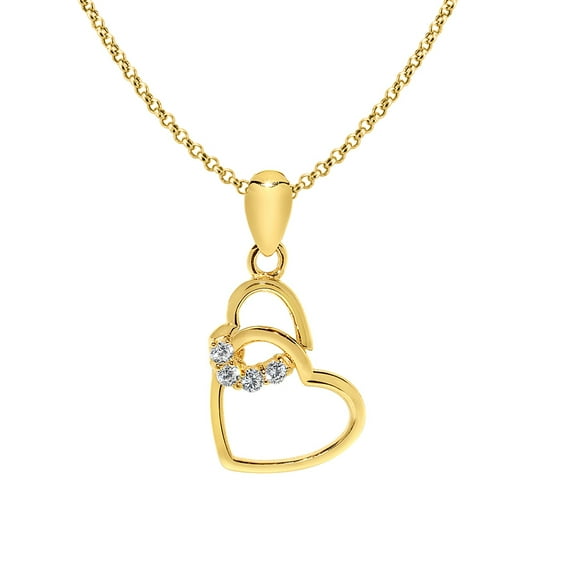 Precious Stars 14K Yellow Gold Cubic Zirconia Ladies Interlocking Hearts Dangling Pendant with 16" Chain Necklace