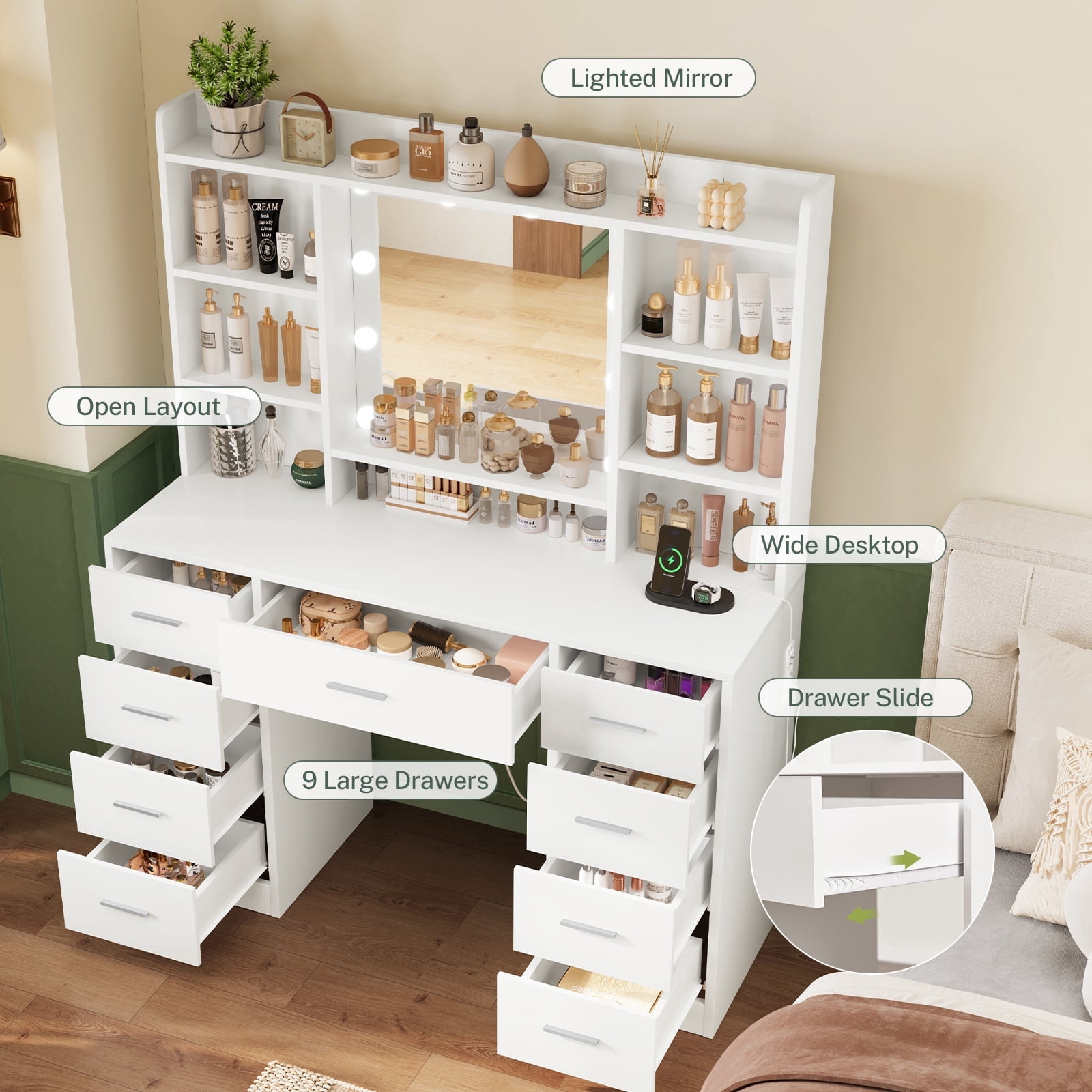 Makeup Vanity Table with 3-Color LED Lights Mirror, Vanity Table with 9 Drawers and 7 Storage Shelves, Vanity Desk for Bedroom Dressing Room, White