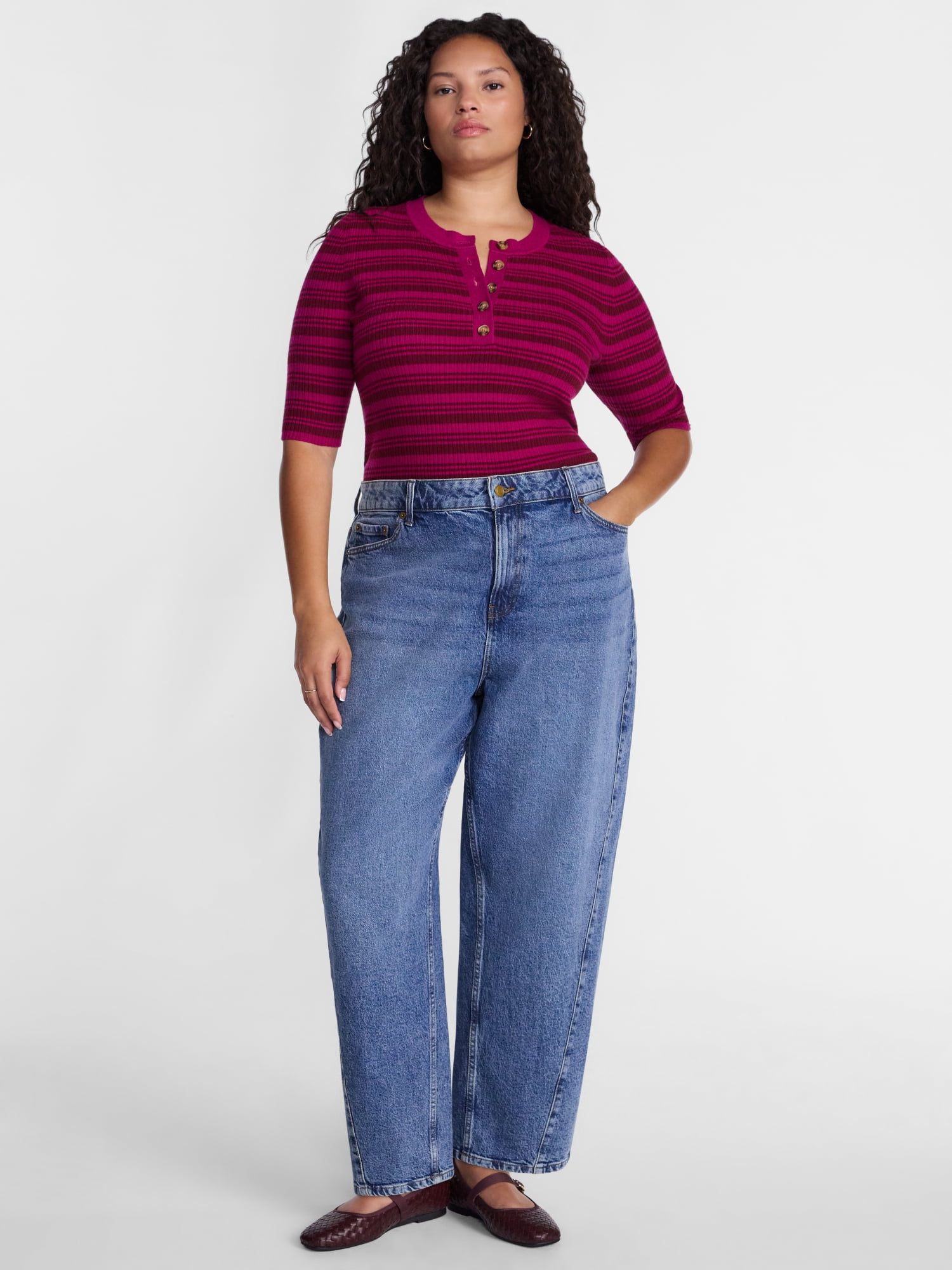 Terra & Sky Women's Plus Ribbed Henley Sweater Top with Elbow Length Sleeves, Sizes 0X-5X