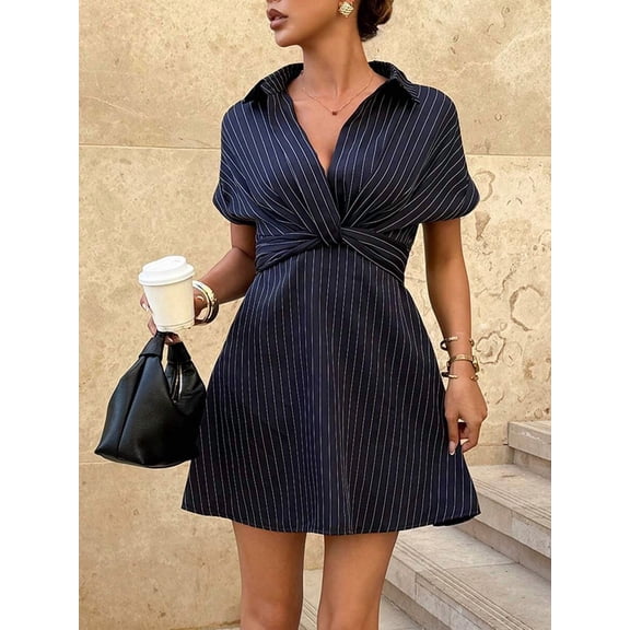 Navy Blue Pinstripe Twist Front Shirt Mini Dress With Collar And Short Sleeves