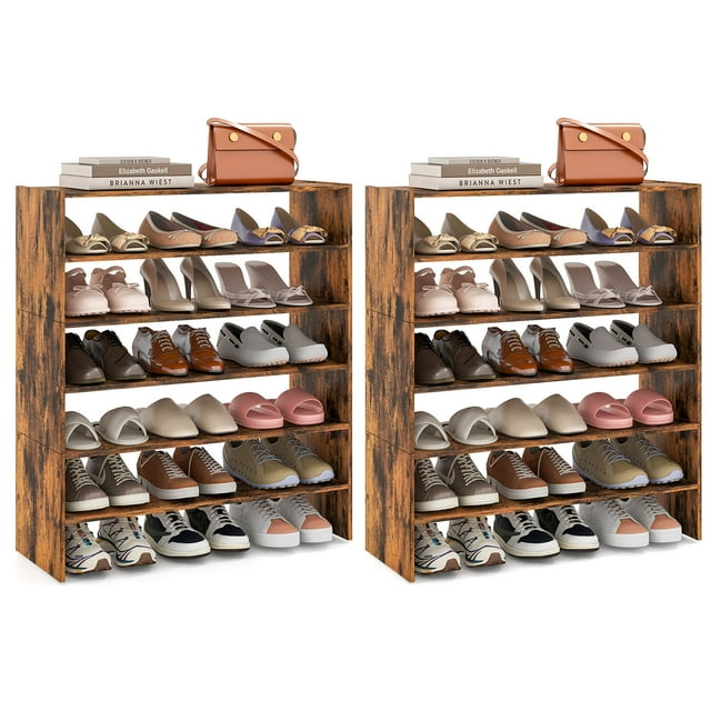 Costway 6 PCS Stackable Shoe Rack 31-Inch Horizontal Organizer 2-tier StorageShelf Brown