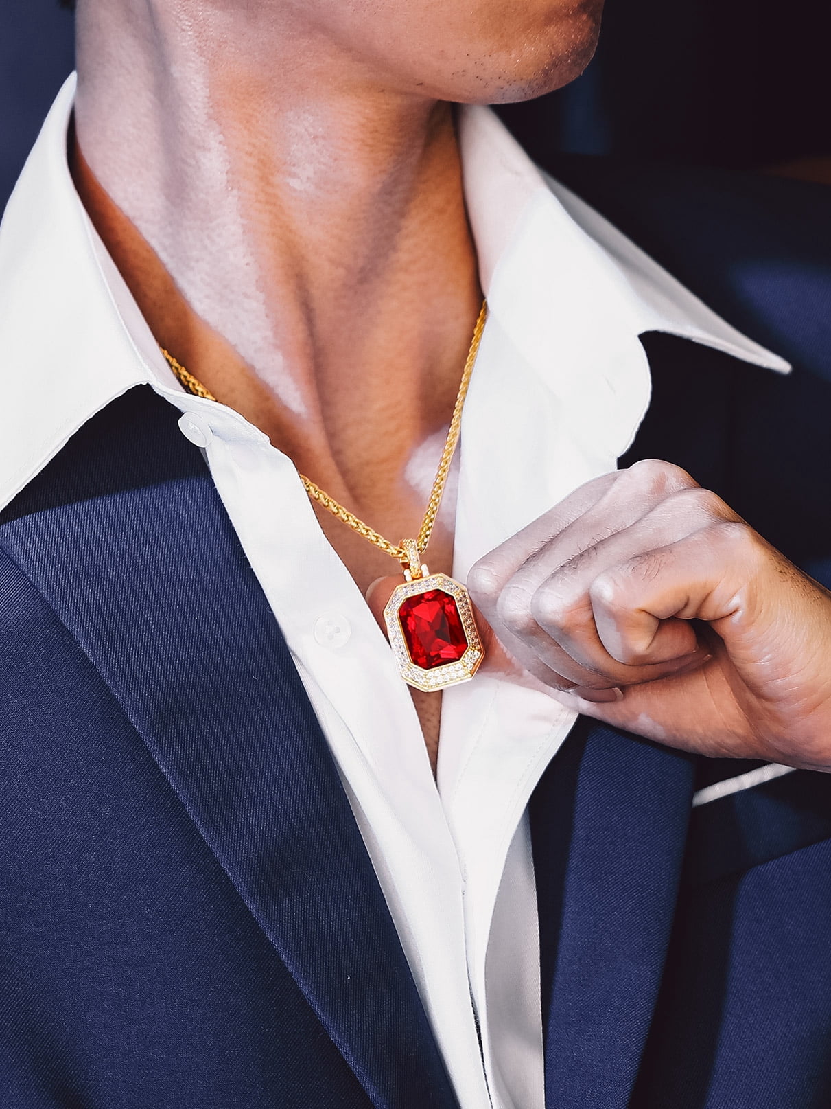 Bandmax Hip Hop Biker 14K Gold Plated Necklace for Men Women Ruby Stone Pendant with Shining Cubic Zirconia Charm for Gift