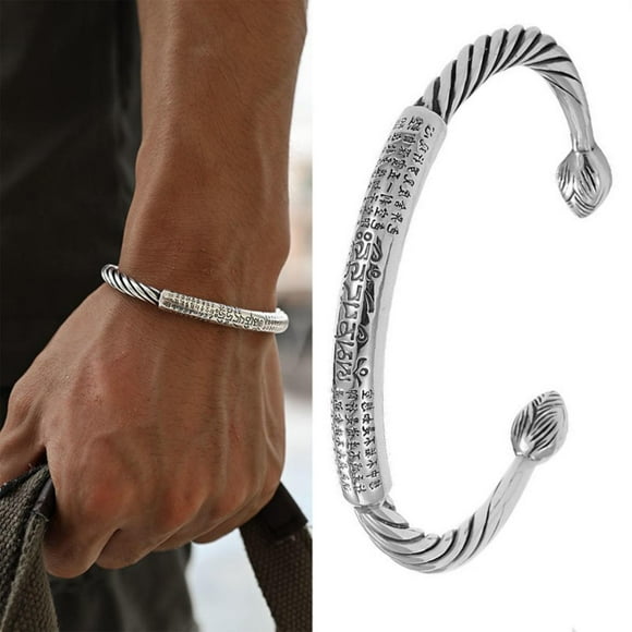 LPSSTORE Six Character Mantra Bracelet Men's Personality Heart Sutra Open Bracelet Retro Twisted Line Bracelet Men