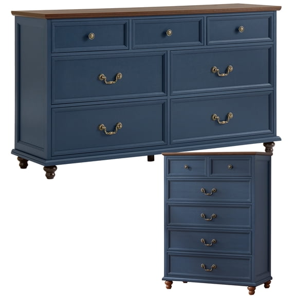 Joaxswe Farmhouse Bedroom 2 Pieces Set, Wide 7 Drawer Dresser and 6 Drawer Nightstand, Chest of Drawers for Bedroom, Dark Blue