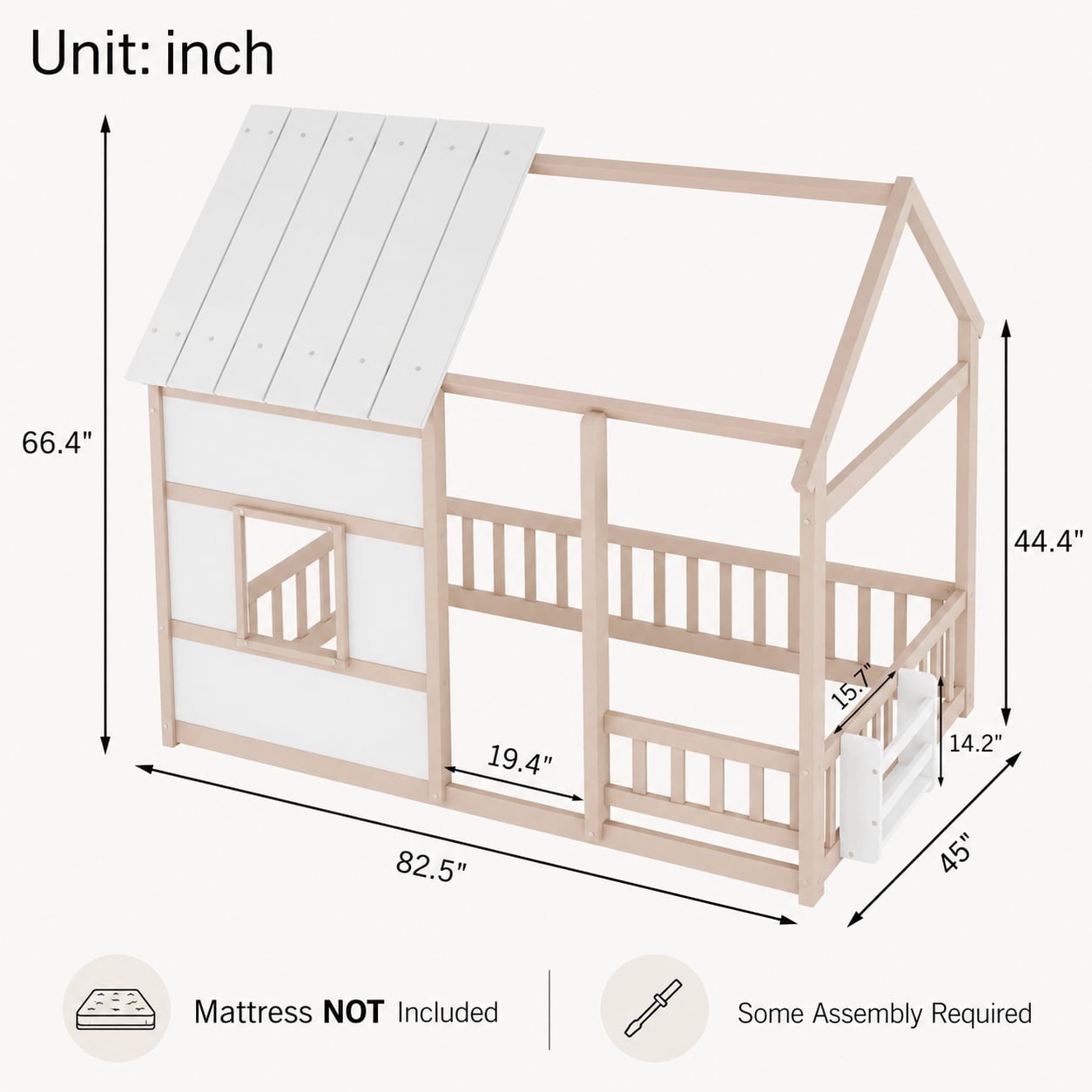 Miniyam Montessori Floor Bed with Roof and Guardrails, Kids House Bed Frame with LED Lights and Bookshelf, Natural Wood & White