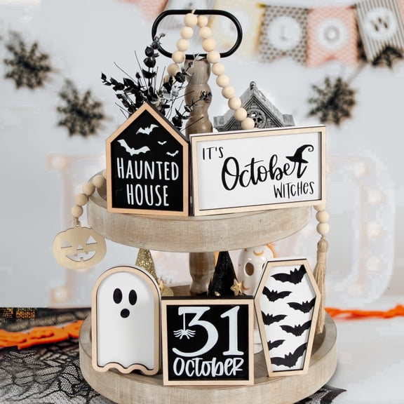 6PCS Halloween Tiered Tray Decor Wooden Halloween Decorations Tabletop Signs with Bead Garland, Spooky Table Centerpiece for Home Shelf Mantel Party