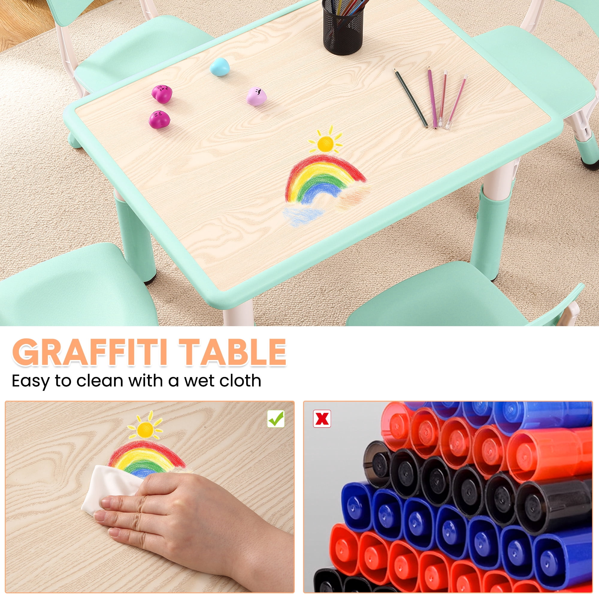 Accreate Kids Table and Chairs Set, 80x60cm Multi-Functional Toddler Furniture for Learning, Play, Arts & Crafts, Easy to Wipe Arts & Crafts Table with 4 Chairs for Classroom/Home