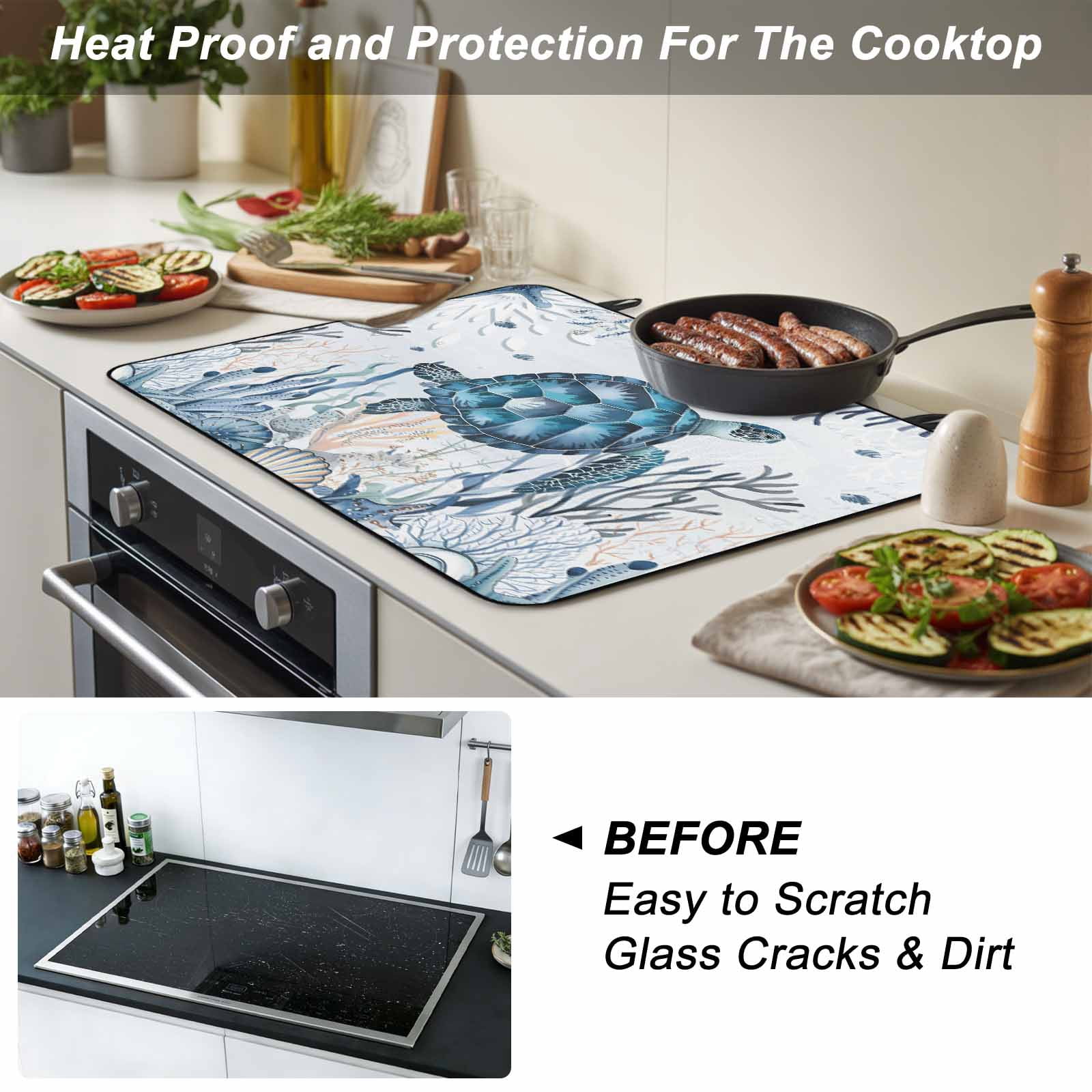 Summer Sea Turtle Stove Top Cover for Electric Stove, Heat-proof & Non Slip Glass Top Stove Cover Protector, Vintage Ocean Coastal Coral Flower Kitchen Flat Cooktop Rubber Mat 28.5x20.5 Inches