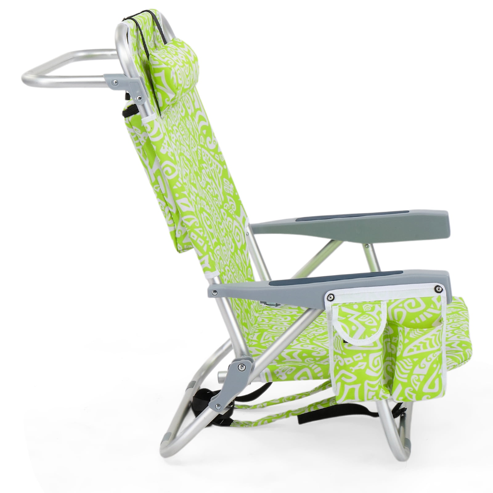 Folding Beach Chair 5-Position Adjustable Backrest Lay Flat Portable Outdoor Camping Chair with Storage Pockets & Cup Holder Lightweight Aluminum Frame for Camping Picnic Backyard