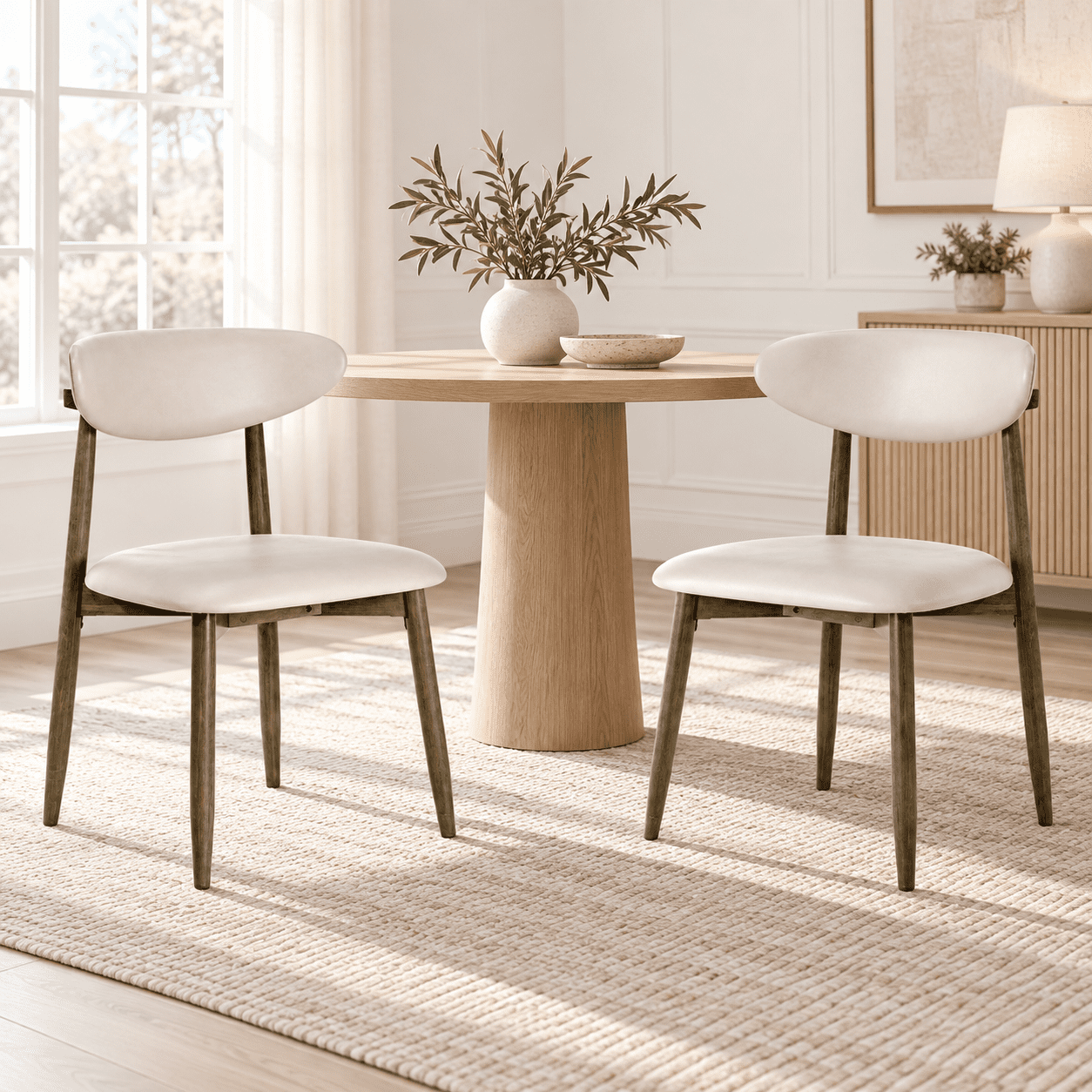 Furnibear Upholstered Dining Chairs Set of 2 with Curved Backrest and Rubber Wood Legs for Kitchen and Dining Room Modern Seating, Beige