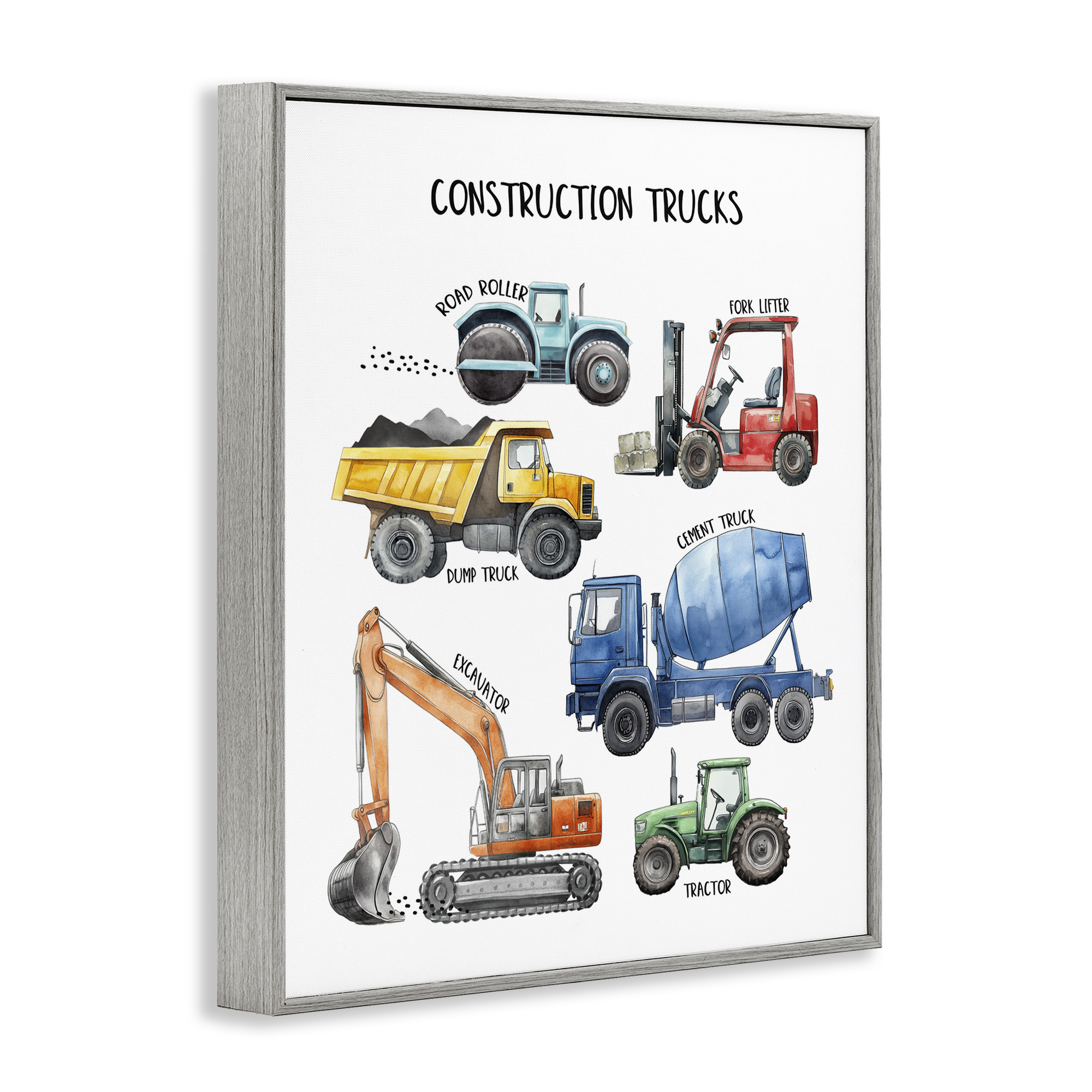 Construction Trucks Machinery Gray Framed Giclee Art, design by Christine Simpson Art