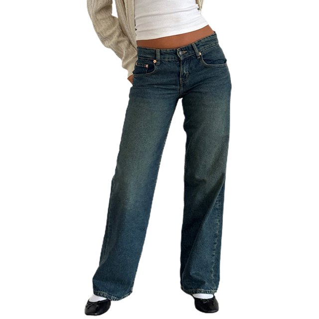 Pantalones vaqueros informales de tiro bajo para mujer, Vaqueros sueltos de pierna recta con bolsillos para verano y primavera