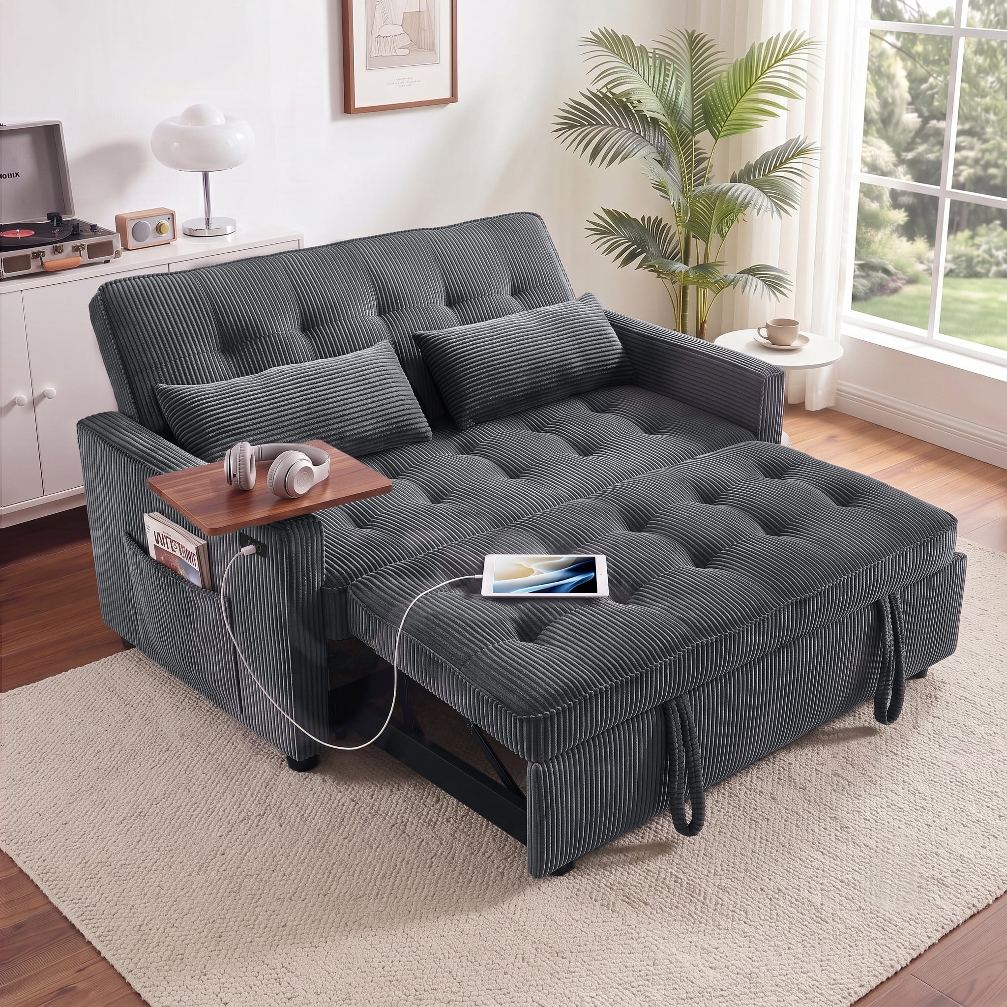 AISWORD 55" 3-in-1 Convertible Sleeper Sofa Bed, Pull Out Loveseat Couch with Side Tray Table & USB Charging Port, Adjustable Backrest Sofa for Apartment, Bedroom, Office, Dark Gray