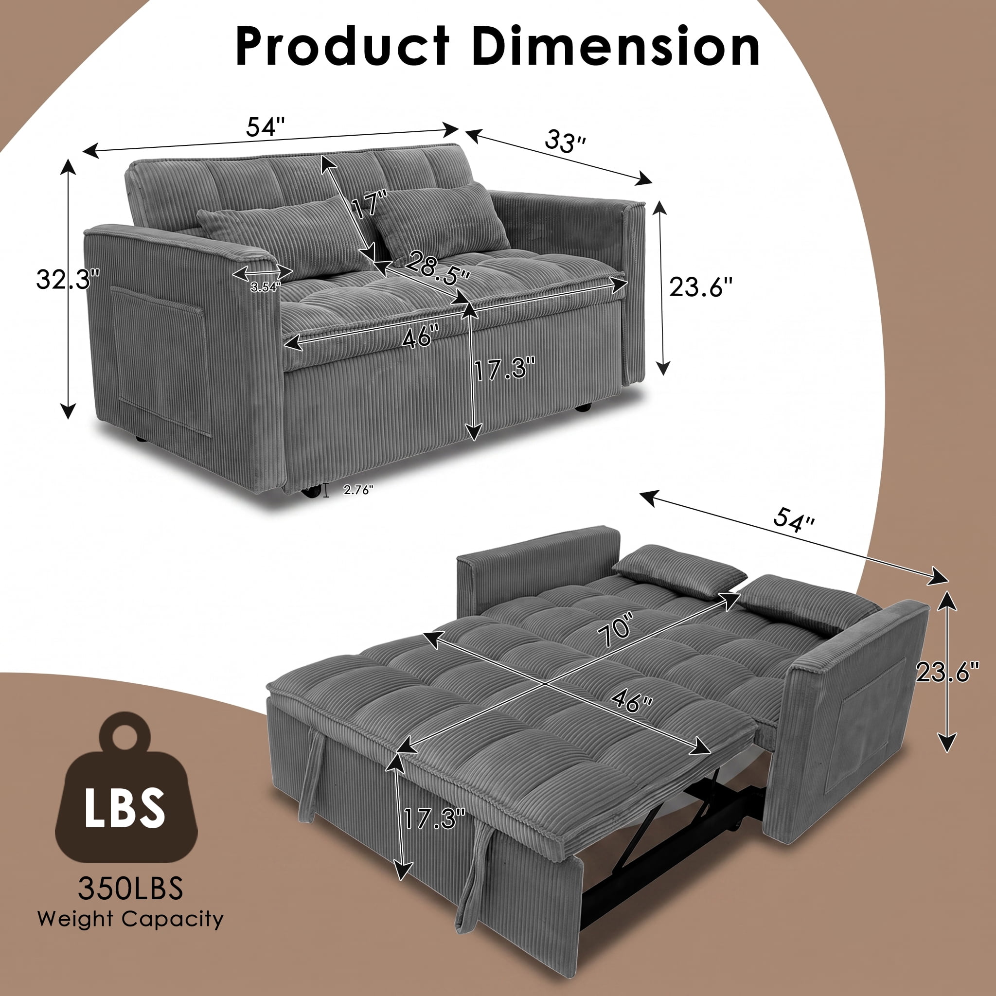 AISWORD Sleeper Sofa Bed, 3-in-1 Convertible Pull Out Couch with Adjustable Backrest for Living Room, Loveseat Sofa Bed with Side Pockets, Dark Gray