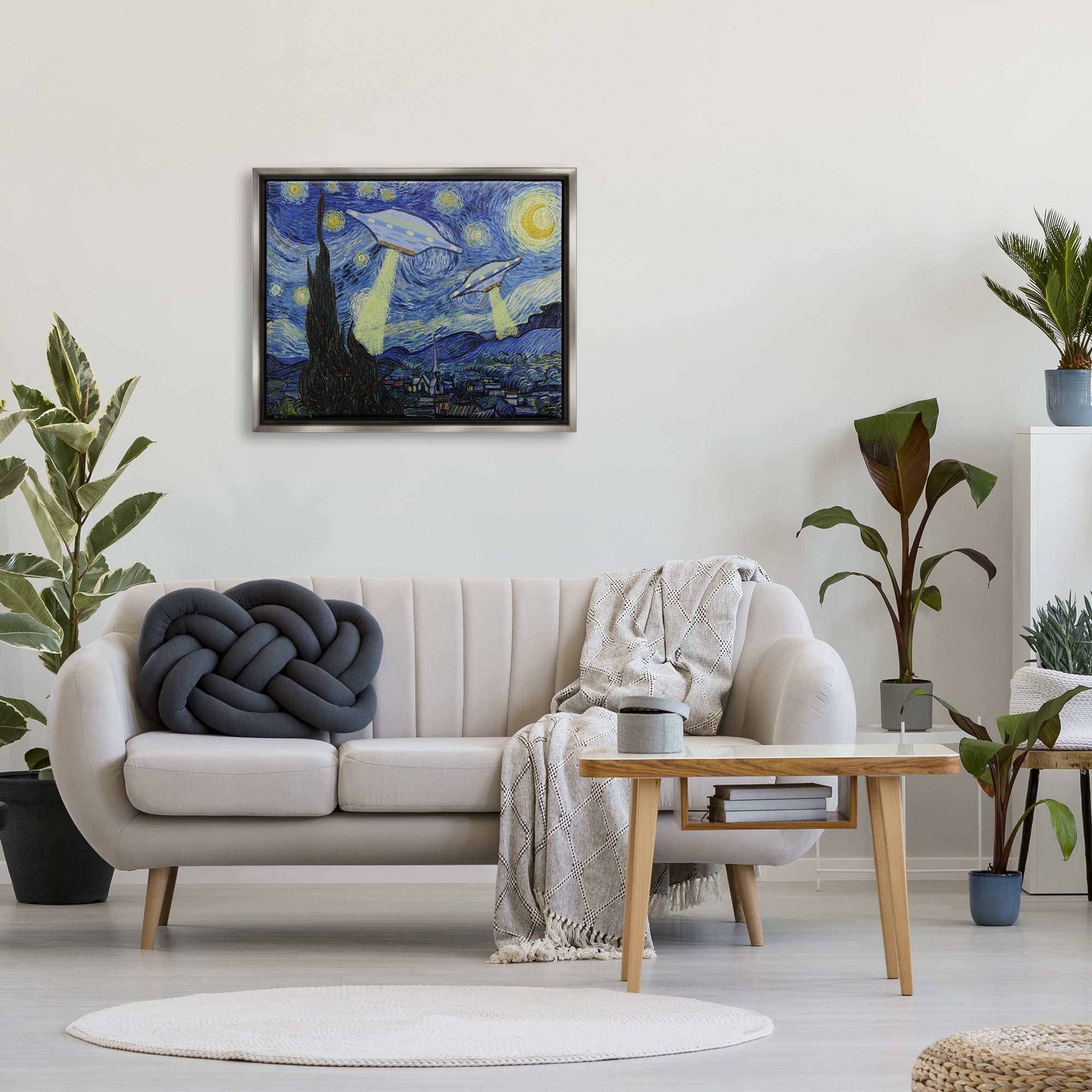 Stupell Industries Starry Night Classic Alien UFOs Fairy Tales & Fantasy Painting Gray Floater Framed Art Print Wall Art