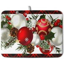 Red Buffalo Plaid Christmas Kitchen Drying Mats for Dishes Xmas Ball Snowflake Pine Cones Dish Drainer Rack Mat Winter Microfibe Absorbent Dish Drying Pad for Home Kitchen Counter Decor 18x24in