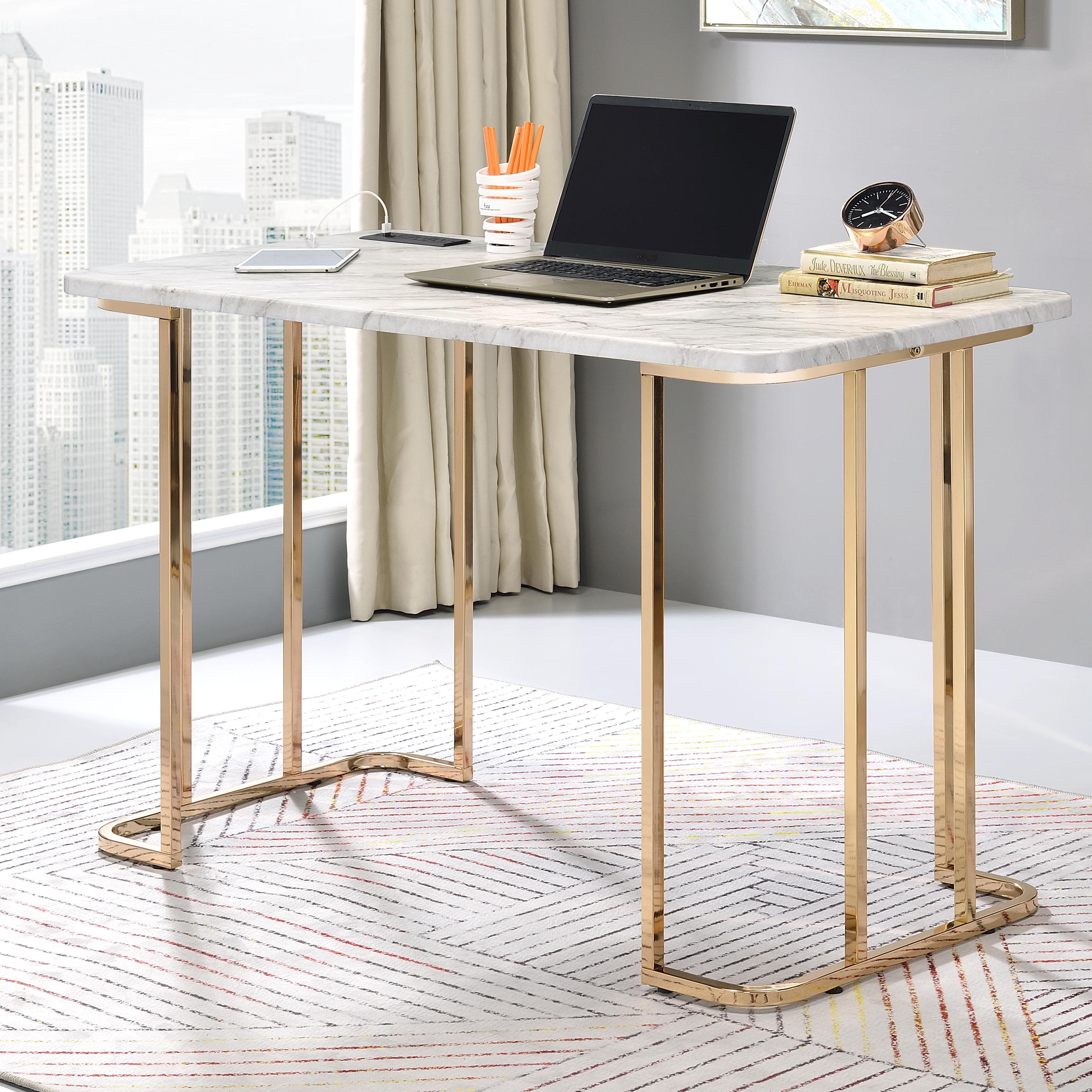 Furniture of America Vagarra Writing Desk with USB, White and Gold