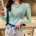 thumbnail image 3 of Summer O-neck Sheer Mesh Top Women Long Sleeve Sexy Transparent T-shirt Sun Protection Pullover Top Black White (Fruit Green,XXL), 3 of 7