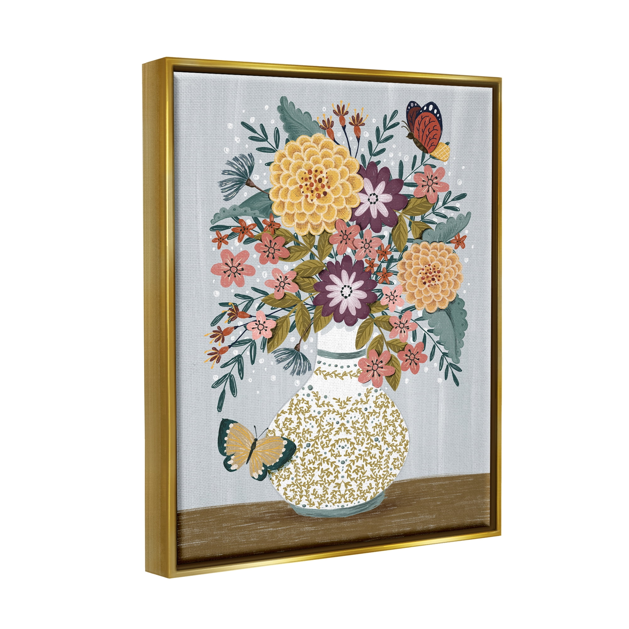 Stupell Industries Dahlia Bouquet & Butterflies Botanical & Floral Painting Gold Floater Framed Canvas Art Print Wall Art, 25 x 31