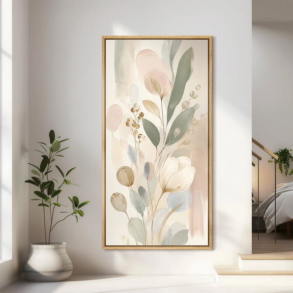 Large Framed Canvas Wall Art Soft Botanical Leaves And Neutral Floral Print for Living Room Decoration - 60"x30" Natural Frame