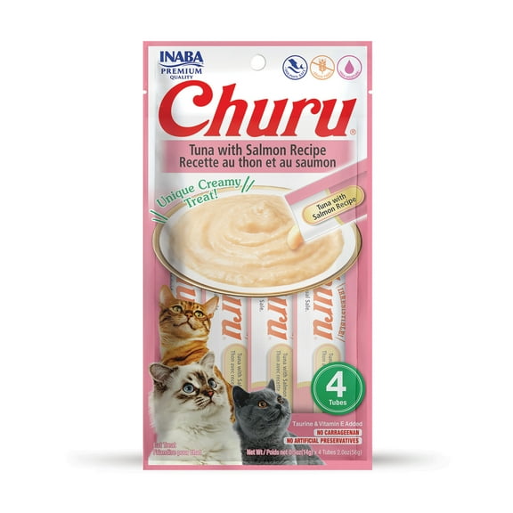 Inaba Churu Creamy, Lickable Purée Cat Treat, Taurine, 0.5 oz, 4 Tubes, Tuna & Salmon