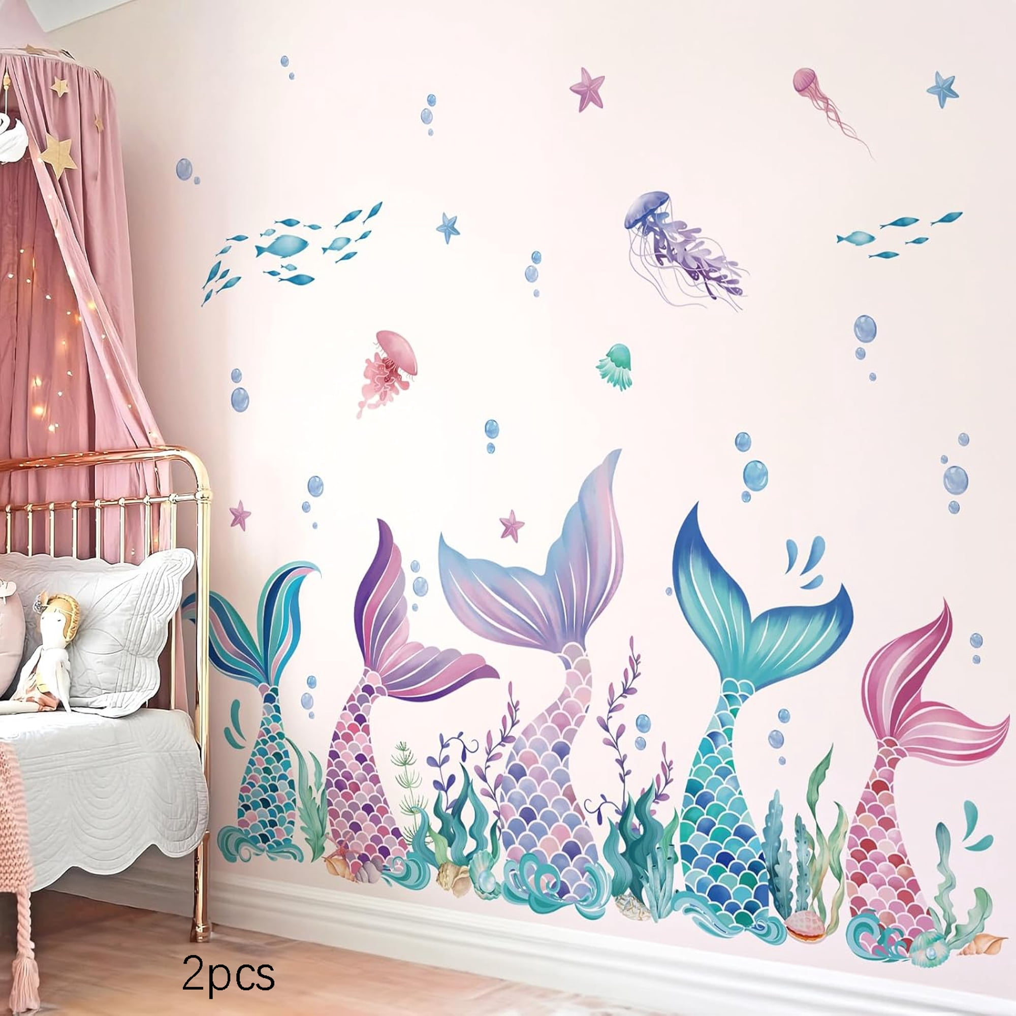 CCOCC Mermaid Tail Wall Stickers under the Sea Mermaid Bubble Seaweed Peel and Stick Wall Art Decals for Baby Nursery Girls Bedroom Bathroom Whimsical Mermaid Stickers