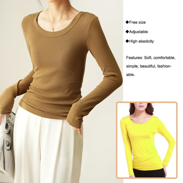Long Sleeve Undershirt Breathable Plain Pullover Ladies Multicolored Warm  Round Winter Clothing T-Shirt Top Elastic Casual Style Underwear Female  Yellow 