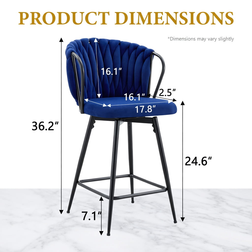 Hommoo 2-Pack Modern Velvet Bar Stools with Woven Rope Backrest & Black Metal Frame, Counter Height Kitchen Island & Home Bar Seating, Blue