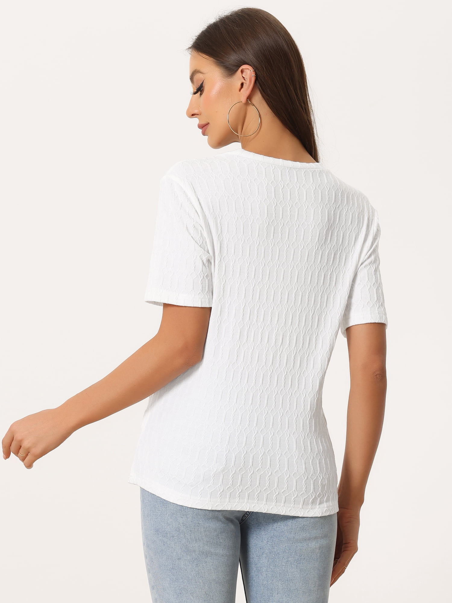 DARING DIVA Women's Casual Summer T-Shirt Round Neck Basic Textured Top XS White