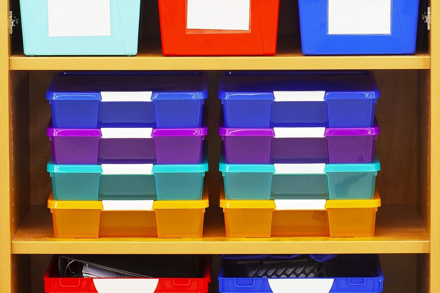 Classroom Craft Project Box – Stacking Plastic Organizer Fits 12x12 Scrapbooking Paper, Assorted STEAM Colors, 5-Pack