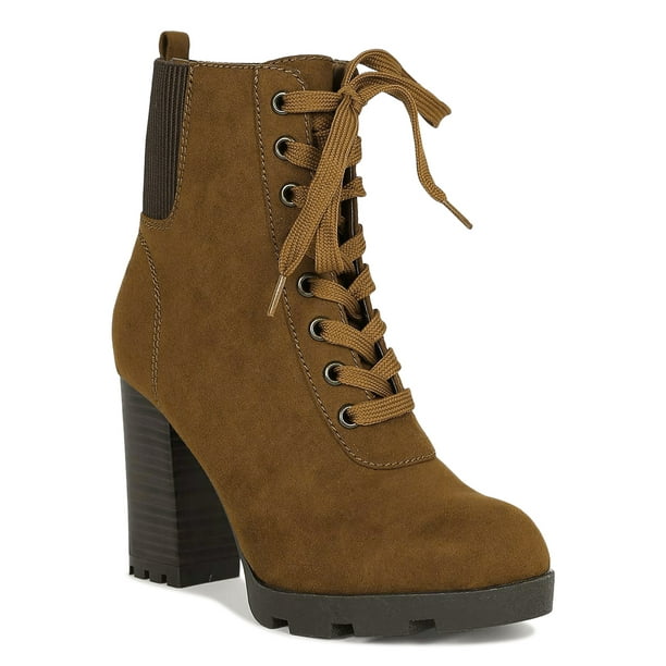 Bamboo - Women Round Toe Elastic Gore Lace-Up Chunky Lug Platform Booties 19368 - Walmart.com