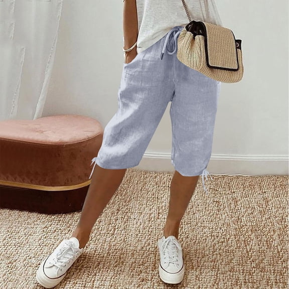 Dwellite Bermuda Shorts for Women Knee Length Long Shorts Elastic Waist Cotton Linen Summer Casual Pedal with Pockets Light Blue 2XL