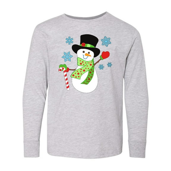 Inktastic Christmas Snowman in Top Hat with Candy Cane Long Sleeve Youth T-Shirt