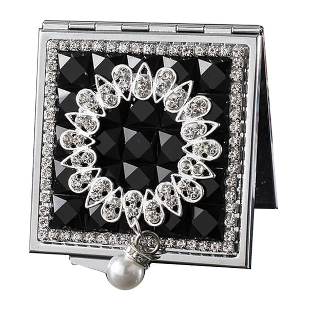 EeaseMX 1 espejo de maquillaje cuadrado pequeño de metal con colgante de perla, espejo de doble cara