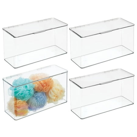 mDesign Plastic Bathroom Storage Organizer Box Containers with Hinged Lid for Vanity Drawers - Holds Lotions  Face Towels  Shampoo  Conditioner  Cotton Swabs  Soap  or Accessories - 4 Pack - Clear