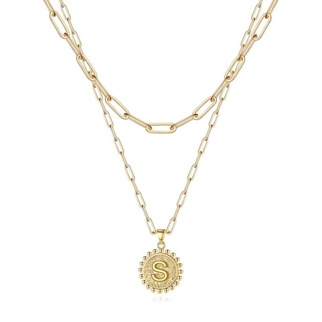 Collar con cadena de sujetapapeles en capas con iniciales de Ursteel, oro de 14 quilates