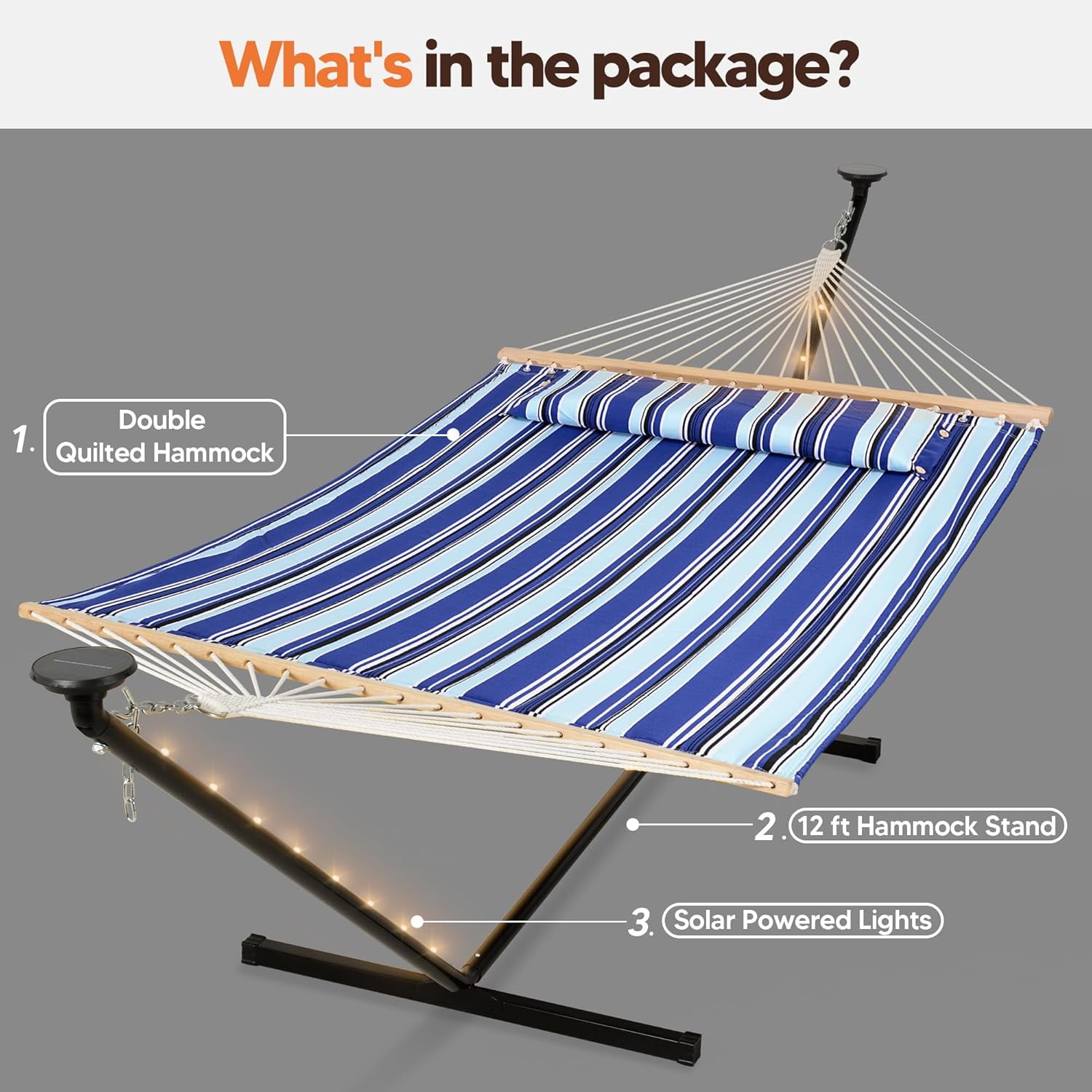 SUNCREAT Double Backyard Hammock with Solar Powered Lights for Outside, 475 lbs Capacity, Heavy Duty Self Standing Hammock with 12 ft Stand, Blue