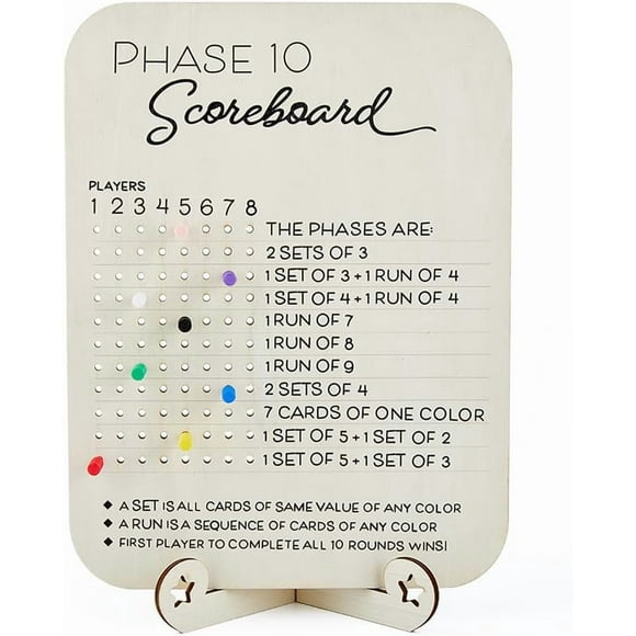 Tablero de puntuación Phase 10 de madera con 8 clavijas de colores para Cribbage. Accesorios para divertidos juegos de cartas de mesa.