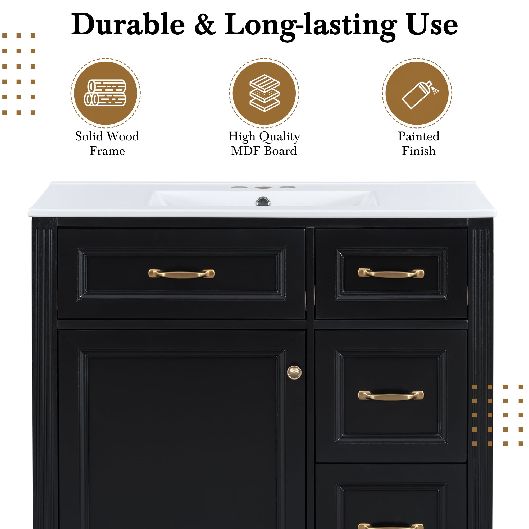 Euroco 36 Inch Bathroom Vanity with Sink, Cabinet with 4 Drawers, Soft-Close Door & Adjustable Shelf, Ceramic Basin, Modern Storage Vanity for Bathroom Organization, Black Finish