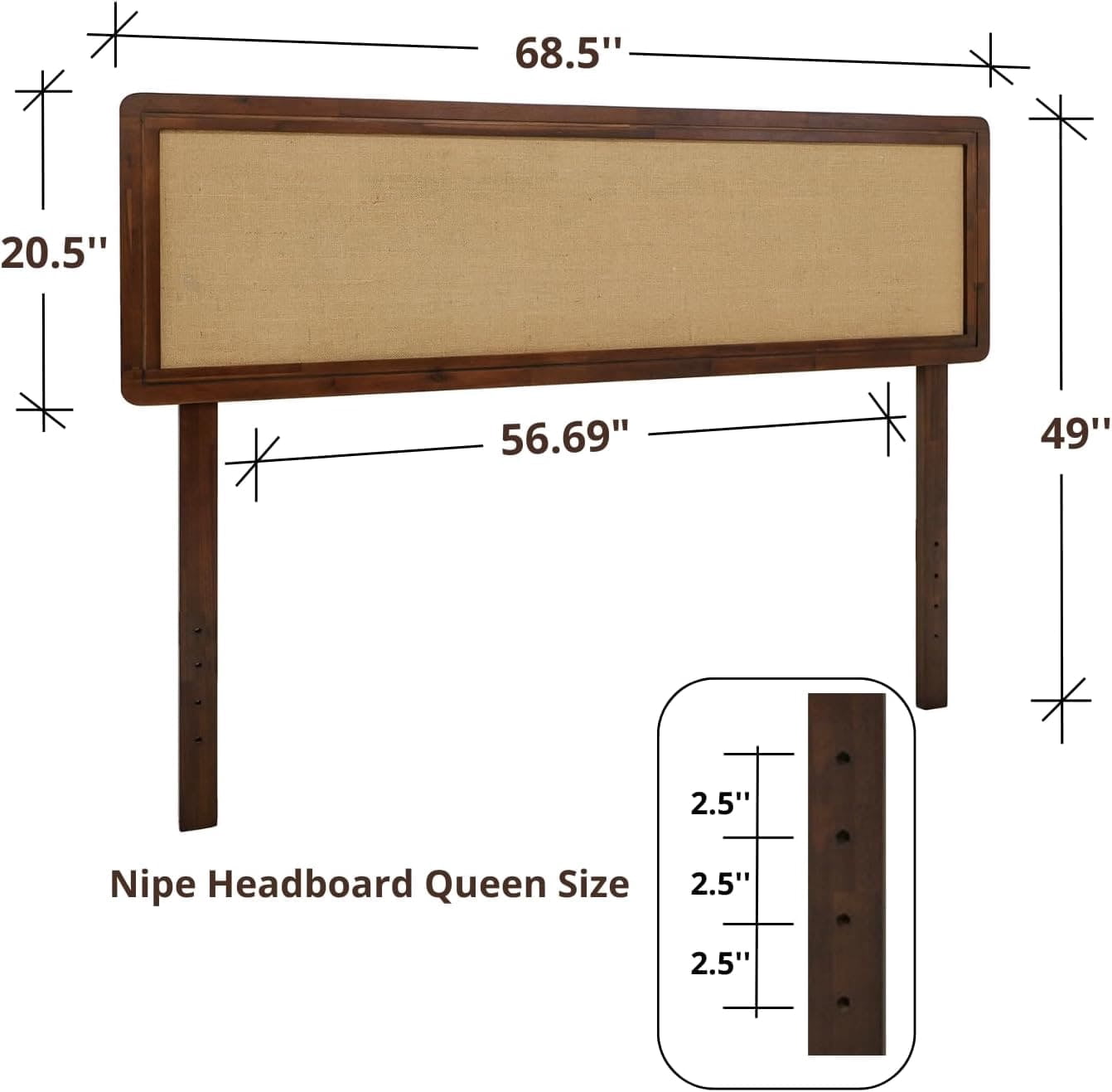 Grace Queen Size Headboard, Bohemian, Solid Wood, Walnut