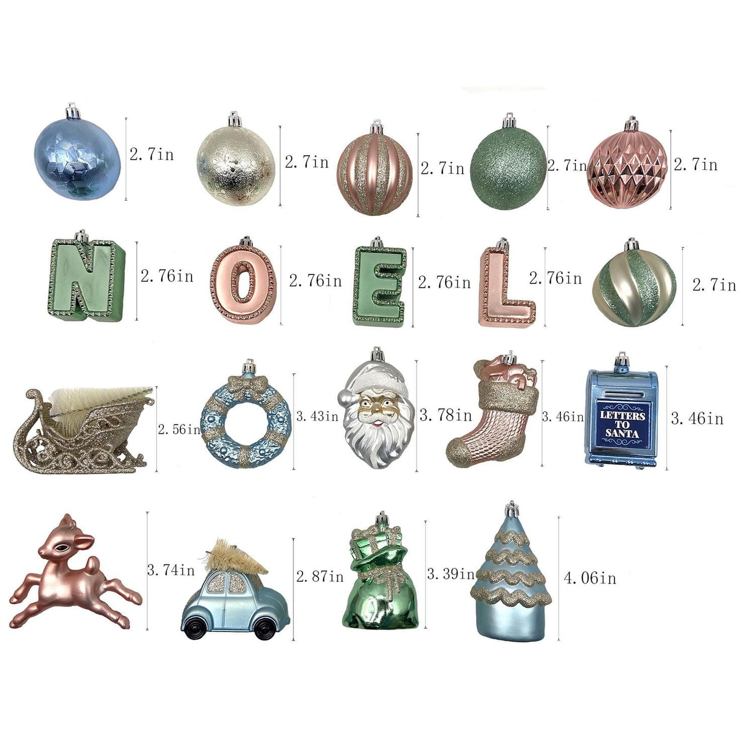 Holiday Time 50-Count Iconic Symbols of Christmas Shatterproof Christmas Ornaments, Champagne/Green/Tan/Blue, 50 pieces