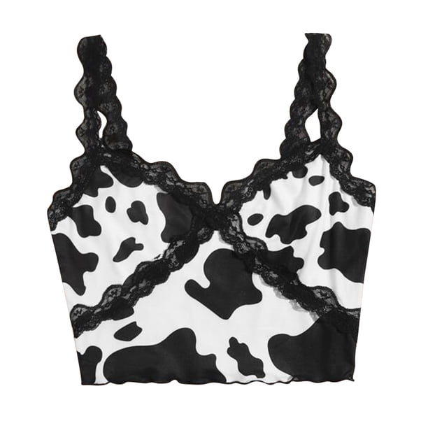 Tops de mujer con estampado de vaca, sin mangas, con cuello en V, camisola, tirantes finos, espalda descubierta, tops cortos de encaje Pompotops lopia988086