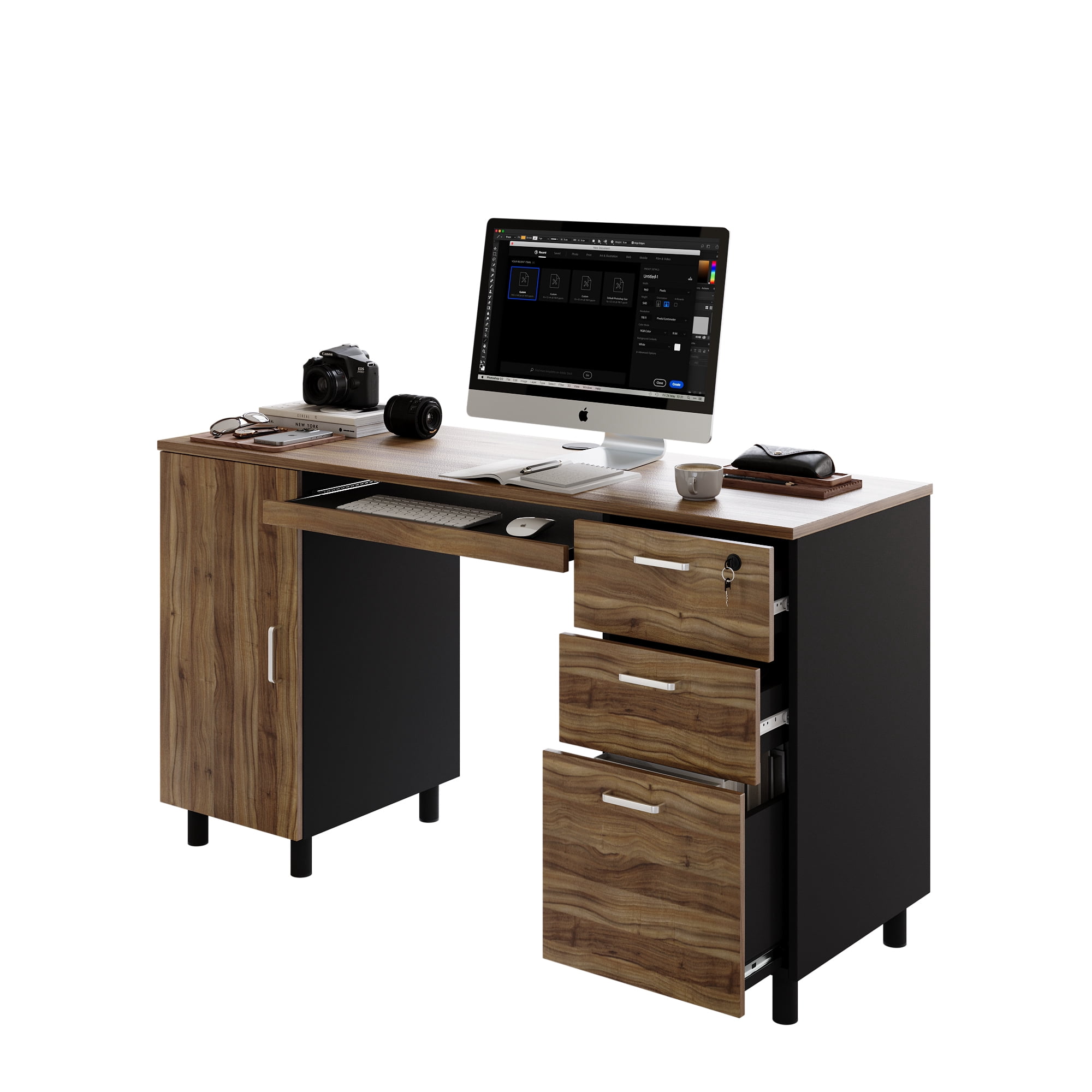 Modern Design Venice Computer Desk Great for Home Office Desk by Crafts and Comfort - 3 Drawers and CPU Storage Cabinet - Laptop Workstation with Keyboard Tray and Cable Hole - Walnut / Black
