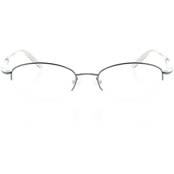 Unisex Optical Eyewear - Oval Shape, Metal Half Rim, Shiny Blue Silver