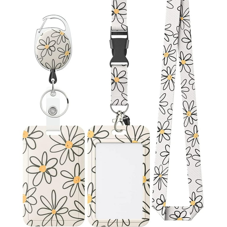 Uniclife Floral Sliding Badge Holder White Flower Plastic Case with Retractable  Badge Reel Carabiner Clip and Detachable Lanyard Strap Hard Vertical Card  Protector for Women Nurse Teacher Student 