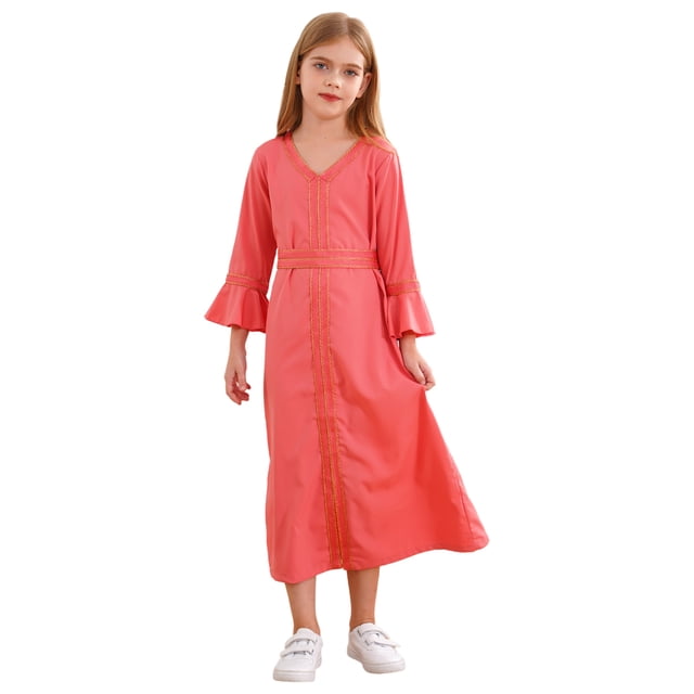 Lejafay Robe Décontractée à Manches Longues pour Filles, Robe de Danse d'Église, Robe Musulmane Rouge Melon D\'eau 150