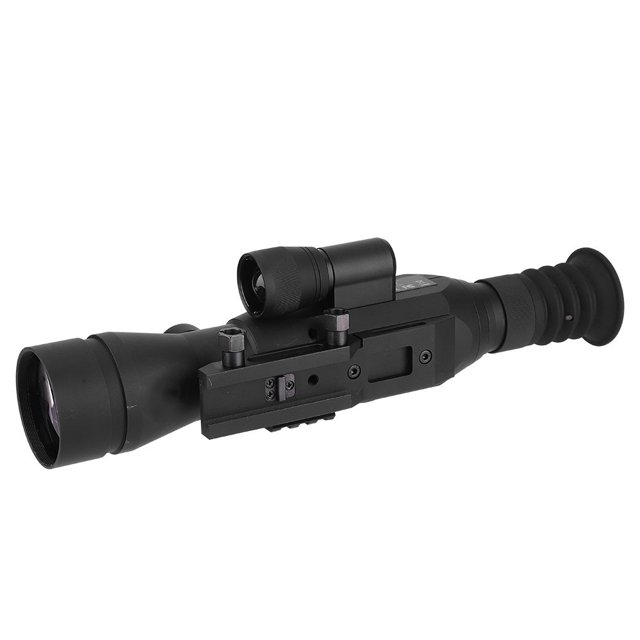 monocular bling bling telescopio infrarrojo digital multifunción para visión nocturna color negro monocular 3/4 lateral de aleación de aluminio con lente objetivo de 60 mm, ocular con protector de goma ondulada, visor auxiliar montado en riel superior, controles y ranura para tarjeta de memoria visibles, acabado mate negro, tamaño aprox. 260x100x100 mm; adecuado para observación nocturna y fotografía, a menudo usado también para vigilancia recreativa.