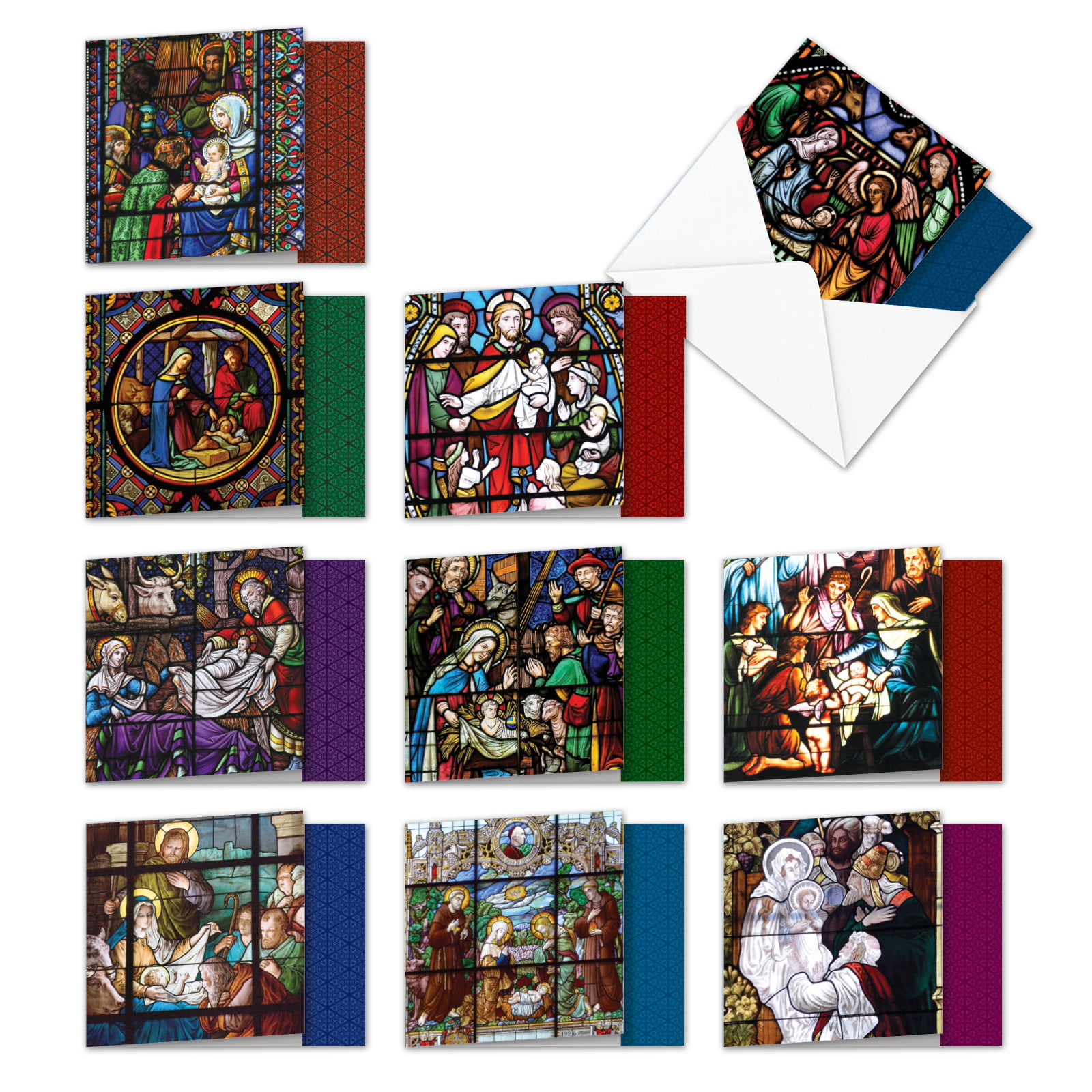 10 Boxed Religious Christmas Cards (4 x 5.12 Inch) - Manger Stained Glass - Walmart.com ...